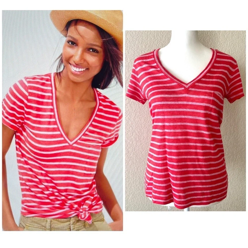 J. Crew V-neck pocket T-shirt in stripe - xs